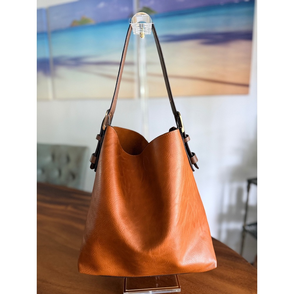 Boutique Cognac Faux Leather Hobo Shoulder Bag Tan Minimalist Slouchy Tote